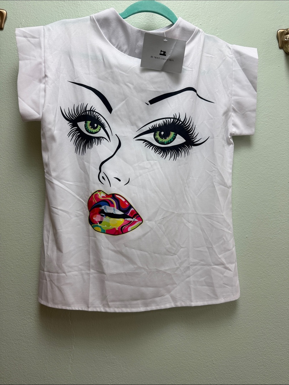 Women's White Long Sleeve Graphic Face Tee with Colorful Lips